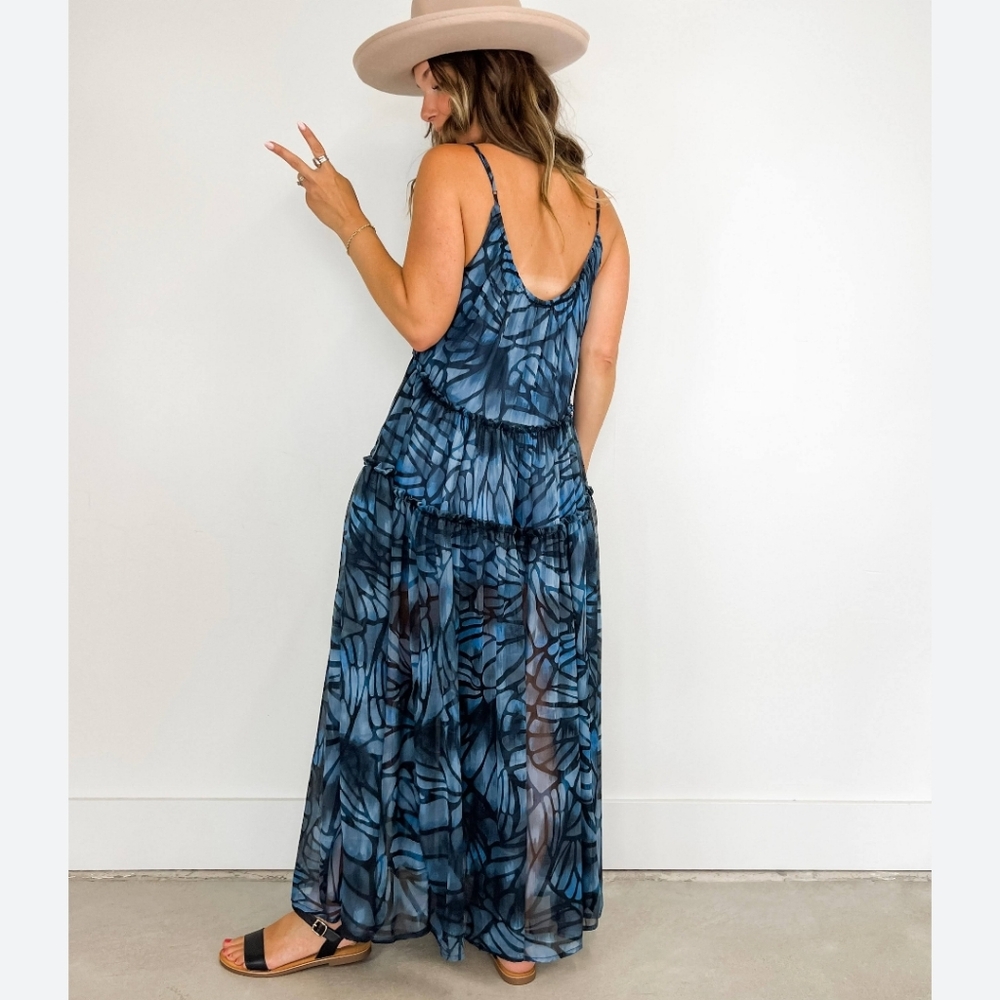 NWT Free People Julianna Maxi Dress butterflies, navy, XS oversized fit Boho